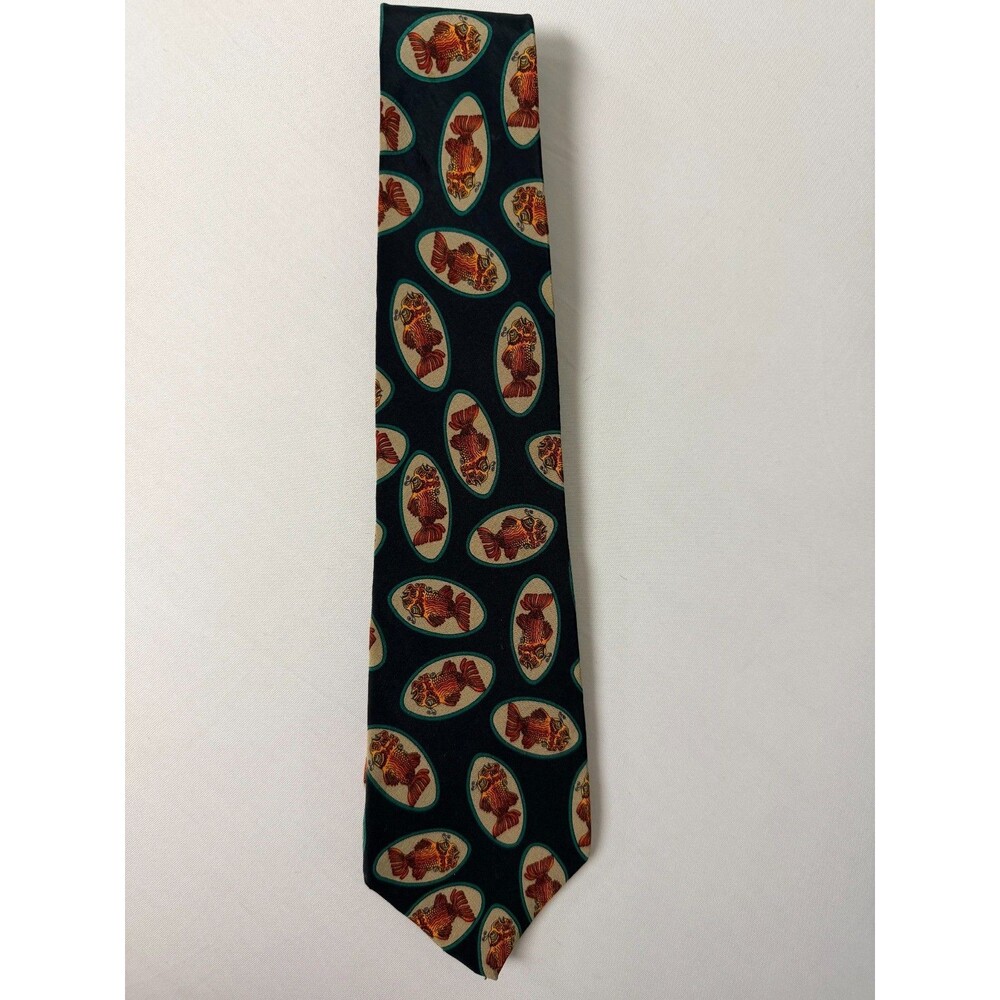 J Garcia Silk Necktie Navy Orange Gold Fish Print Green Oval USA Made